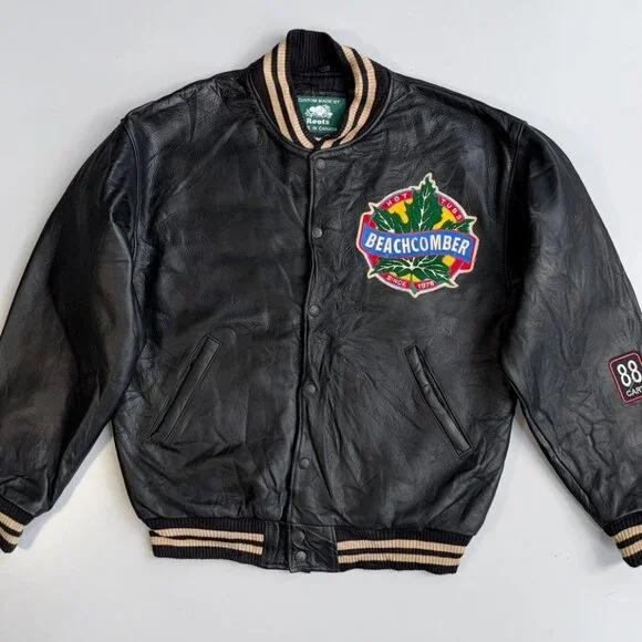 Roots Canada Vintage men's leather bomber varsity jacket with a Beachcomber